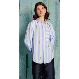 Sister Jane Artisan Fish Embroidered Striped Cotton Shirt-sz Small